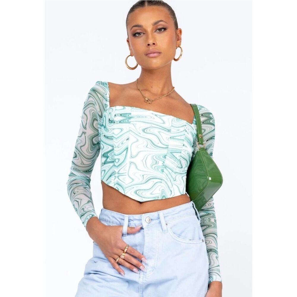 Princess Polly | NWT Green Beverly Marble Print Long Sleeve Corset Top | Size 10